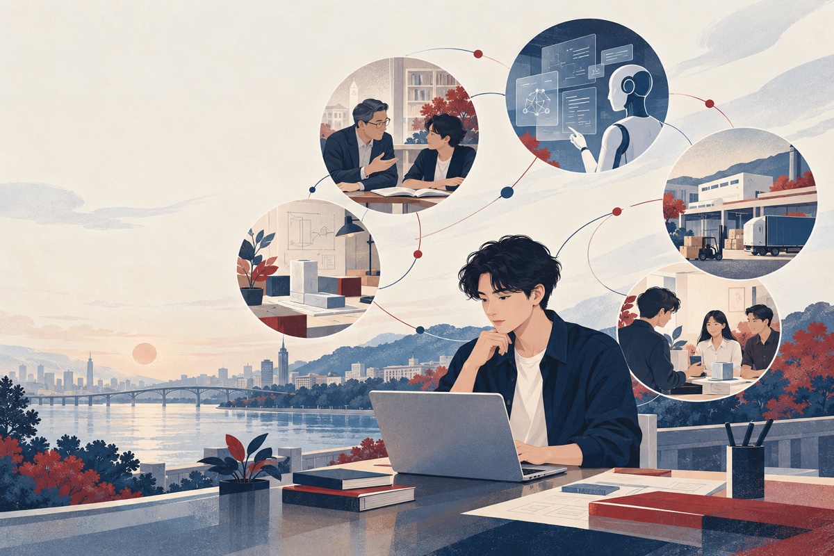 AI 辅助创作的 OPC 专题概念图：创业者与导师、人工智能和产业链形成连接
